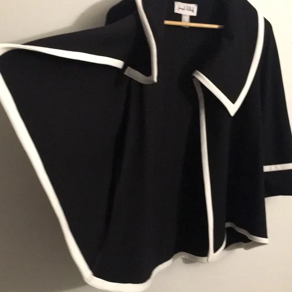 LIKE NEW WITH TAG Joseph Ribkoff Asymmetrical Black White Trim, Wrap Jacket Cape - Picture 10 of 14
